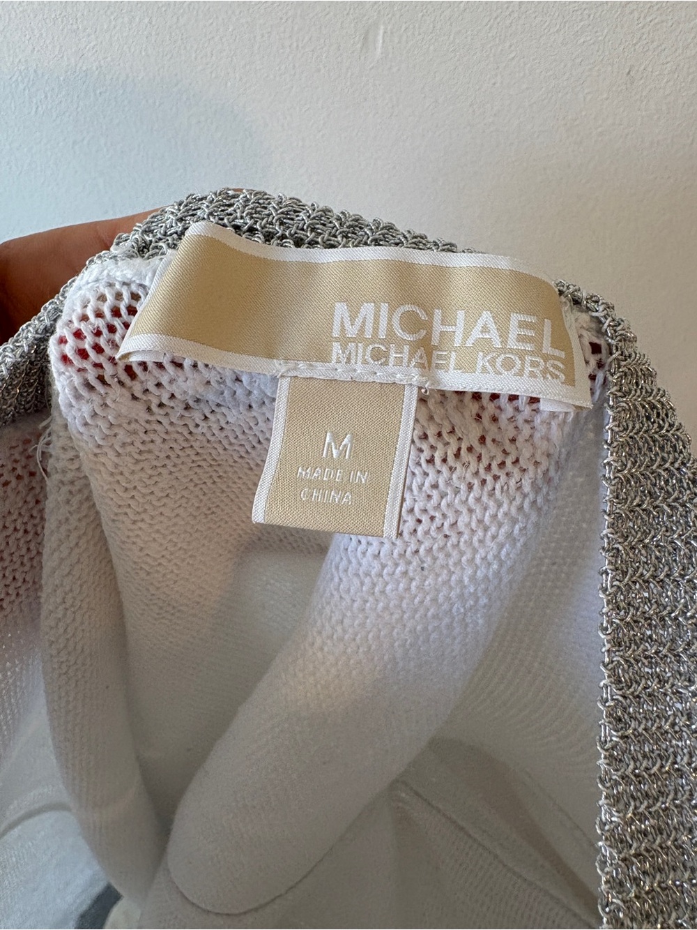 Michael Kors White Knit Sweater Metallic Silver Trim Open Back Size M - Picture 5 of 9